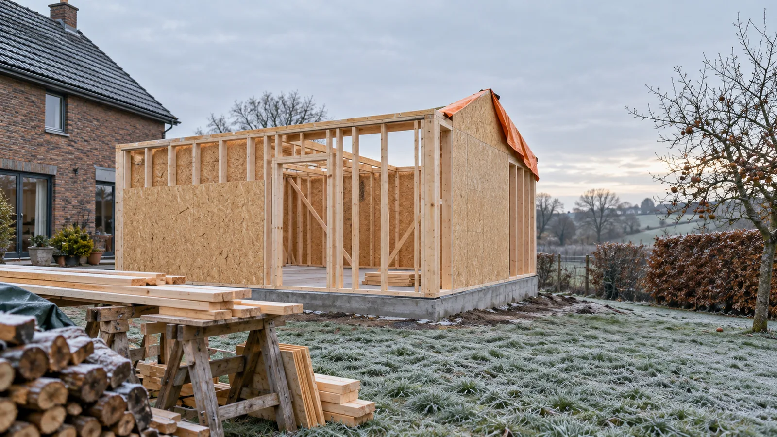 Annexe en ossature bois en cours de montage dans un jardin givré