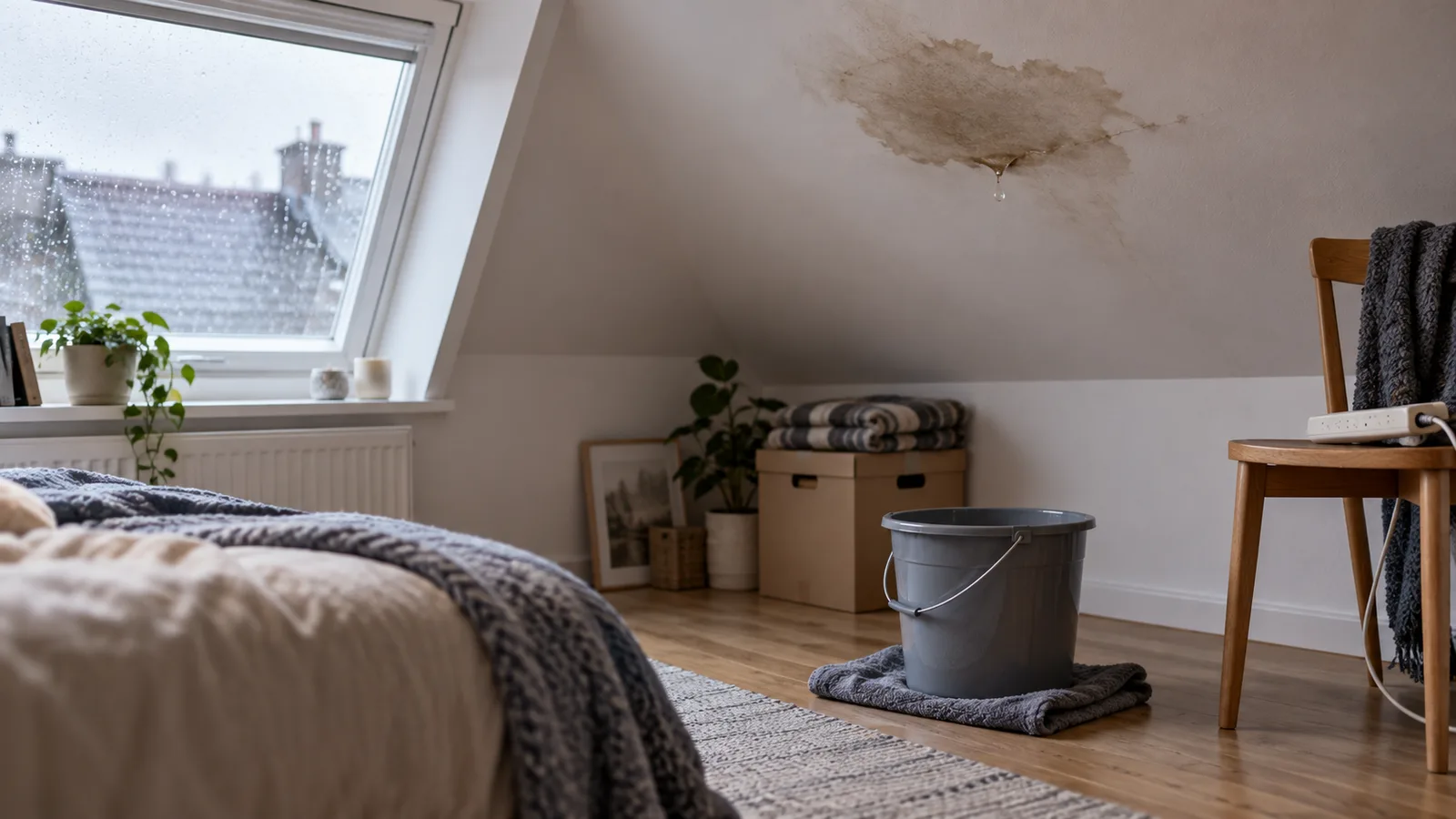 Auréole d'humidité au plafond d'une chambre mansardée avec seau posé