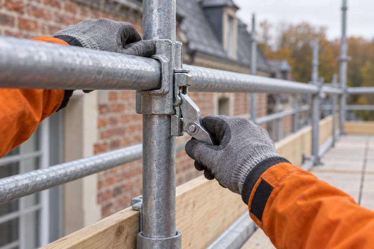 Mains verrouillant le garde-corps d'un niveau d'échafaudage