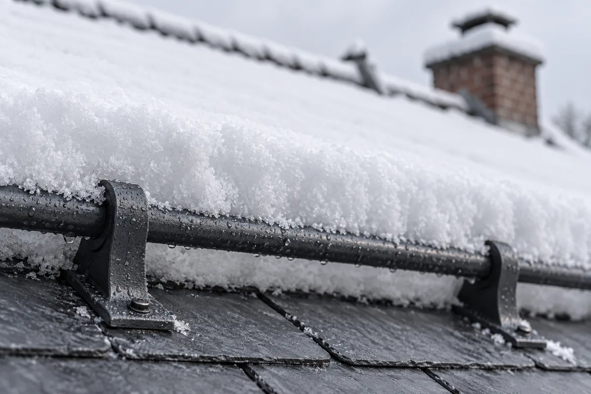 Arrêt de neige tubulaire retenant une plaque de neige tassée