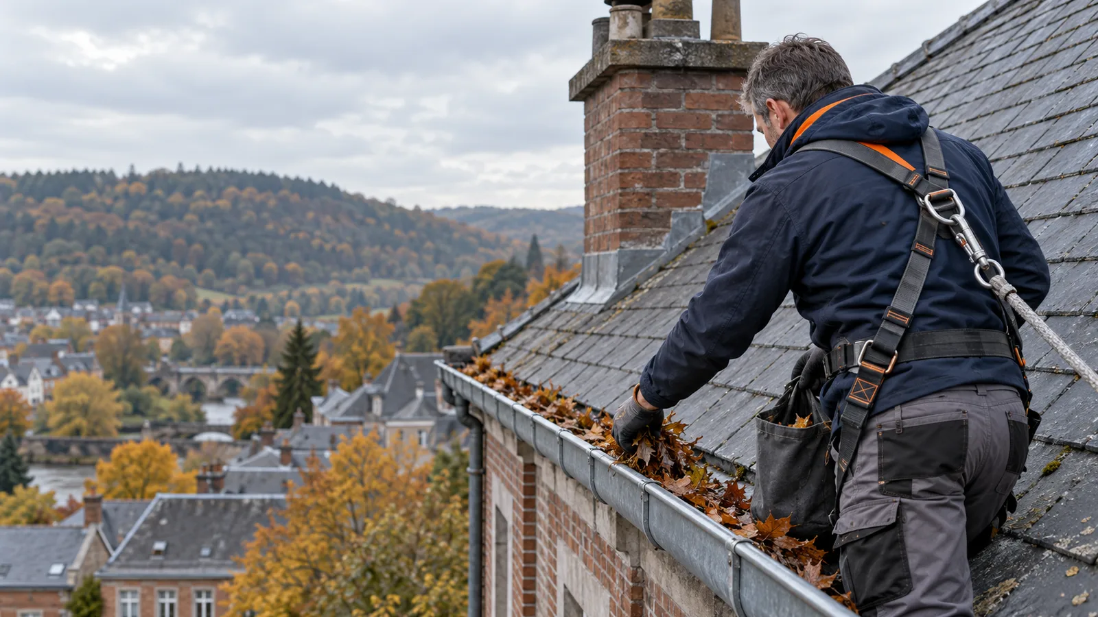 Couvreur harnaché vidant une gouttière remplie de feuilles mortes
