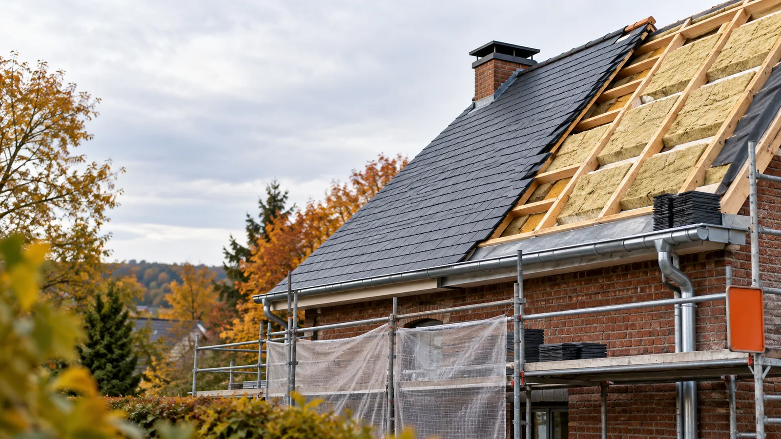 Toiture en rénovation moitié isolante moitié ardoises neuves